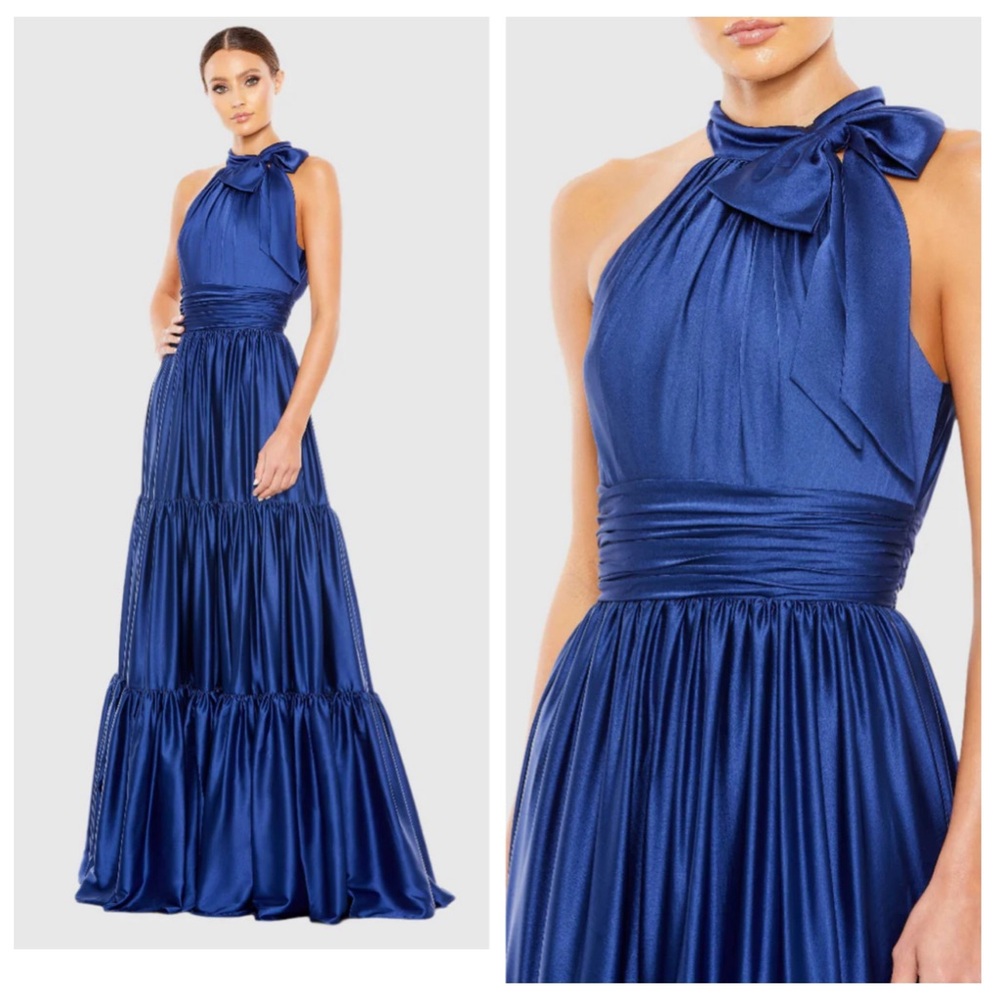 Mac Duggal Royal Blue Satin Halter Tiered Maxi Dress with Bow Neck